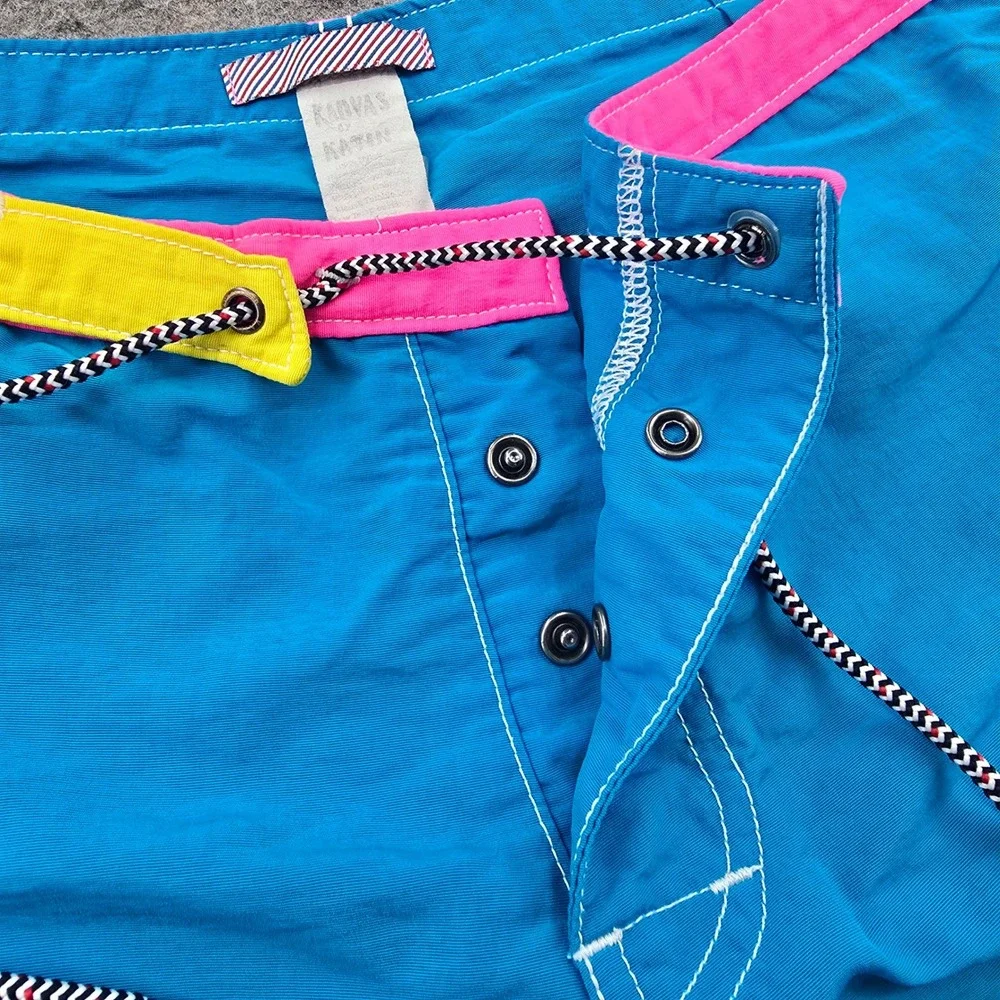 Katin Mens Board Shorts Size 32 Blue Pink Nylon Surf Trunks Made in USA Snap Fly